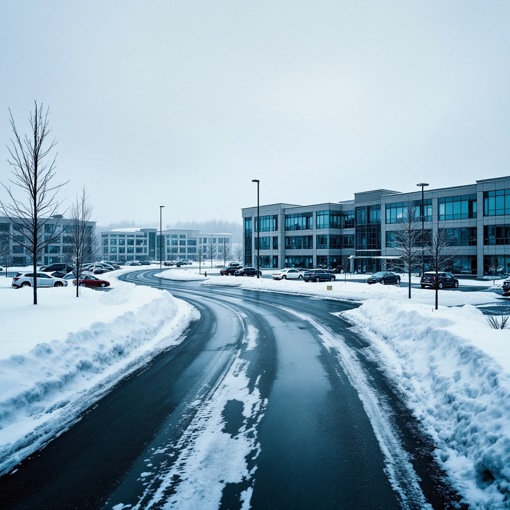 Plowed parking lot serving a multi-building commercial property in the Twin Cities during winter